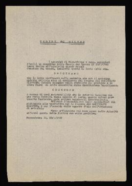 Ordine del giorno Comune di Fossombrone - 1960