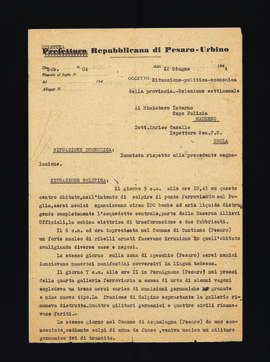 [Relazione di M. Rossi sulla situazione politico economica nella provincia di Pesaro e Urbino]