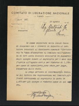 Lettera del Presidente del Comitato di liberazione nazionale - CLN di Fano per Goliardo Baldrati