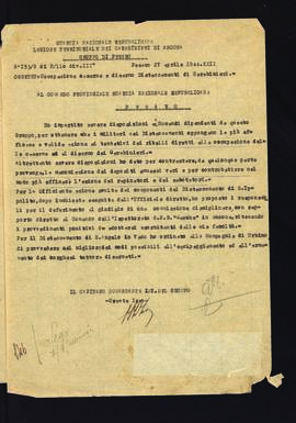 [Lettera di Oreste Izzo sull&#039;occupazione di caserme e il disarmo di distaccamenti di carabin...