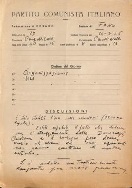 Verbale della riunione del 20 marzo 1946 della Cellula numero 27 della Sezione di Fano del Partit...