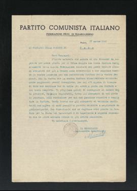 Lettera della Federazione provinciale di Pesaro e Urbino del Partito comunista italiano - PCI agl...