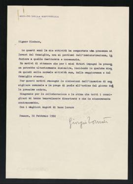 Lettera di dimissioni di Giorgio Tornati dall&#039;incarico di consigliere comunale del Comune di...