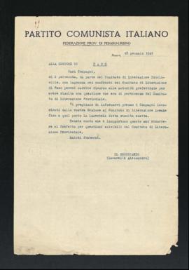 Lettera del segretario della Federazione provinciale di Pesaro e Urbino del Partito comunista ita...