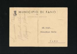 Cartolina postale del Municipio di Fano per Carlo Ghiandoni
