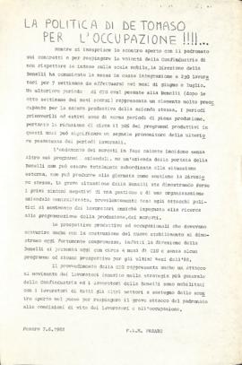 &quot;La politica di De Tomaso per l&#039;occupazione!!!&quot; - 1982
