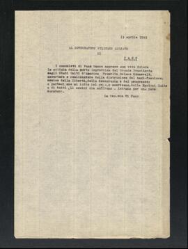 Lettera della Sezione di Fano del Partito comunista italiano - PCI al Governatore militare alleato di Fano