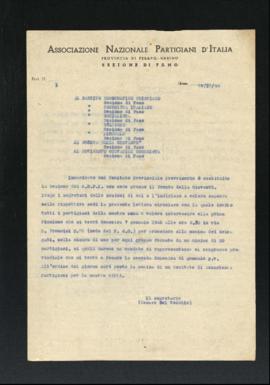 Lettera di Cesare Del Vecchio relativa alla costituzione della sezione fanese dell&#039;Associazi...