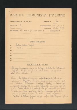 Verbale della riunione del 10 giugno 1946 della Cellula numero 2 della Sezione di Fano del Partit...