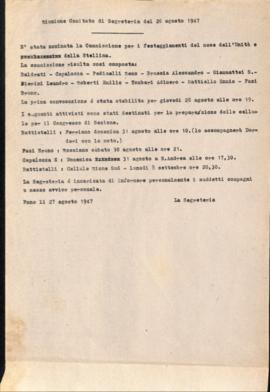 &quot;Riunione Comitato di segreteria del 26 agosto 1947&quot;