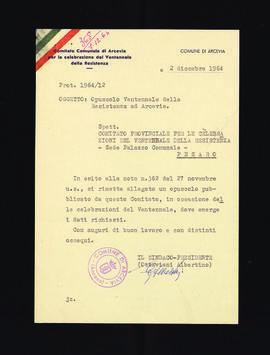 [Lettera di trasmissione di un opuscolo sulla Resistenza ad Arcevia inviata da Albertino Ottaviani]