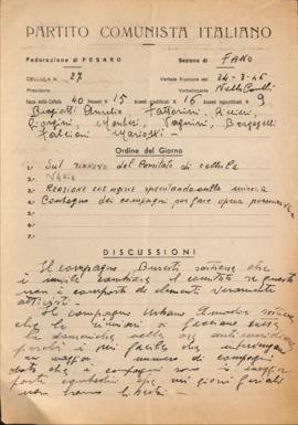 Verbale della riunione del 24 marzo 1946 della Cellula numero 27 della Sezione di Fano del Partit...