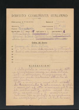 Verbale della riunione del 22 maggio 1946 della Cellula numero 20 della Sezione di Fano del Parti...