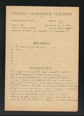 Verbale della riunione del 14 ottobre 1946 della Cellula numero 12 della Sezione di Fano del Part...