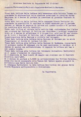&quot;Riunione Comitato di segreteria del 21-5-[1]947&quot;