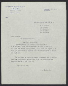 Lettera della Sezione del PCI Pompilio Fastiggi per segretari di sezioni comuniste diverse